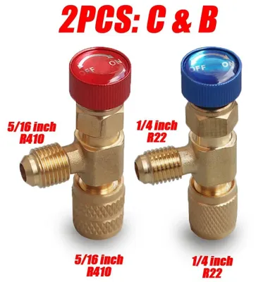 Obrázek produktu pro Bezpečnostní ventil pro chladivo - adaptér SAE 0,64 cm - pro klimatizační zařízení R410A a R22 - sada 2 kusů (B+C) - připojení: vnější závit / vnitřní závit