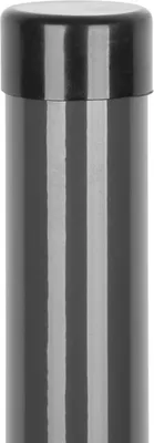 A close-up, studio shot of a black fence post cap on a gray metal post.