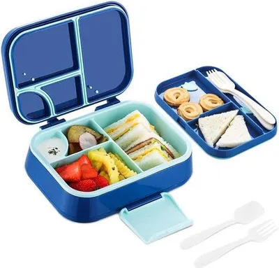 Image de Boîte à bento pour enfants à 4 compartiments, 1 200 ml, boîte à sandwich étanche pour enfants et adultes avec set de couverts, idéale pour l'école et la crèche