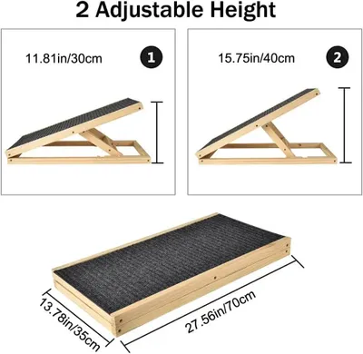 Image de Rampe pour animaux de compagnie en bois massif - Rampe pour chiens et chats - Hauteur réglable - 2 marches - Revêtement antidérapant - Pliable - Jusqu'à 80 kg - 70x35x30 cm - Noir