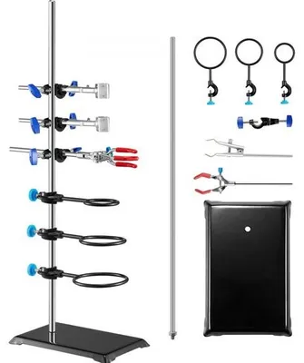 Obrázek produktu pro Podpěra laboratorního stojanu, podpěra laboratorní retorty - Kompletní sada z oceli s 60 cm tyčí a litinovou základnou 210,82 x 135 mm - Včetně pístových svorek, deskových svorek a křížových svorek