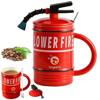 Feuerlöscher-Kaffeetasse aus Keramik, 450 ml, mit Deckel & Löffel