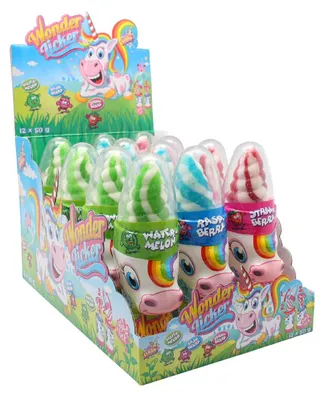 Zdjęcie produktu dla Ekran reklamowy zawierający 12 sztuk lizaków "Einhorn Wonder Licker", waga 50g każdy, z kwaśnym proszkiem