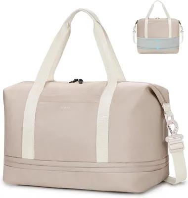 Image de Sac de voyage pliable - Bagage à main - Sac de week-end - Idéal pour les voyages en avion - Extensible, résistant à l'eau - 40x30x20 cm, 29L - Beige