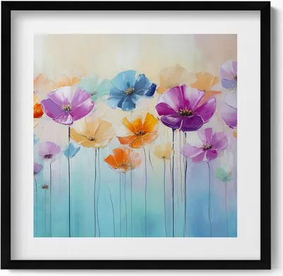 Produktbild von Gemalte bunte Blumen– Wandbild mit Rahmen – Gerahmtes Bild  – Wanddekoration – 50x50 cm –  Schwarz Rahmen