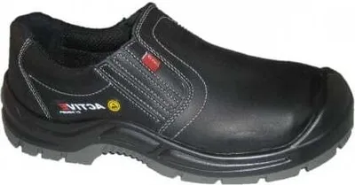 A black leather work slipper with grey sole.