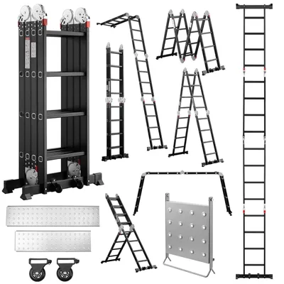 Productafbeelding van Teeno 7-in-1 klapladder van aluminium, 4,7 meter, met 2 platforms, 2 afneembare wielen, een werksteun voor de ladder, rubberen voetjes en een draagvermogen van 150 kg