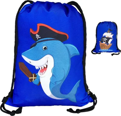 Produktbild von HECKBO® Jungen Jungs Kinder Turnbeutel - beidseitig mit coolen Piraten-Hai Motiv bedruck - waschmaschinenfest - 40x32cm - Kindergarten, Krippe, Reise, Sport - Rucksack, Tasche, Spieltasche, Sportbeutel