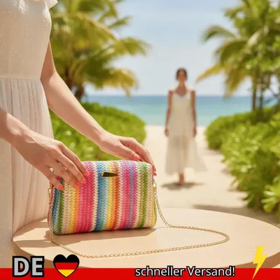 Produktbild von Rattan Stricken Frauen Stroh Tasche Strand Sommer Kette Kleine Geldbörse und