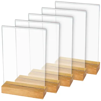 Produktbild von HMF Acryl Tischaufsteller im DIN A5 Hochformat, Tischkartenhalter mit massivem Holzfuß aus Eiche, 5 Stück, T-Aufsteller, Glasklar