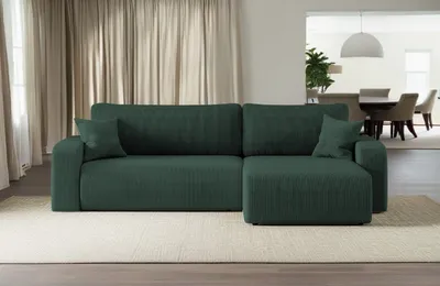 Image de Canapé d'angle avec fonction sommeil et coffre de rangement, Canapé d'angle MILANO XL tissu Poso velours côtelé épais vert droite