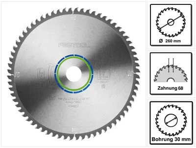 Productafbeelding van Festool speciaal cirkelzaagblad TF68 aluminium kunststof 260 x 2,4 x 30 mm ( 494607 ) 260 mm 68 tanden voor KS 88 120