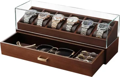 Image de Boîte à montres avec 6 compartiments, couvercle en verre, en noyer, pour hommes
