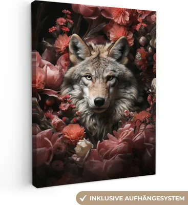 Produktbild von MuchoWow® - Leinwandbilder - Wolf - Tier - Floral - Botanisch - Natur - Fantasie, Wandbild, Wanddeko Bilder Wohnzimmer, 60x80 cm