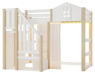 Image de Lit superposé pour enfants - Lit superposé - Dimensions 140 x 200 cm - Bois de pin - Éclairage LED - Espace de rangement - Design avec fenêtre - Blanc/Naturel