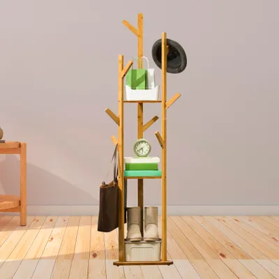 Image de Porte-manteau avec étagère en bambou, portemanteau, tringle à vêtements, porte-manteau sur pied, charge maximale : 10 kg