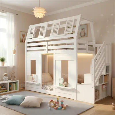 Produktbild von okwish Etagenbett 90x200 Kinderbett mit LED,Hochbett Bettgestell mit Fenster-Form,Holzbett mit Rausfallschutz und Stauraumtreppe,Weiß(mit zwei Matratze)