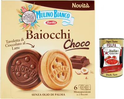 Produktbild von 6x Mulino Bianco Baiocchi Choco 144g Kekse mit Milchschokoladentafel mit Haselnüssen + Italian Gourmet polpa 400g