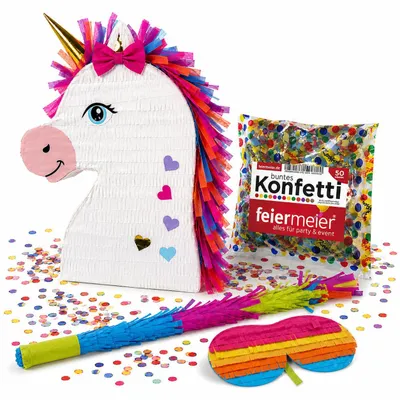 Produktbild von Pinata-Set | 4-tlg. mit Augenmaske, Schlagstock und Konfetti Farbe: "Einhorn Kopf" Weiß/Bunt | 42x30,5x7,5cm