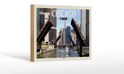 Produktbild von Holzschild Reise 18x12 cm Chicago USA Bridges Brücken Fluss Dekoration