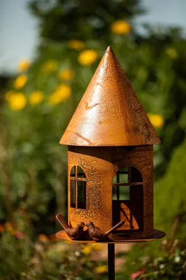 Produktbild von Edelrost Garten Deko Vogelhaus Gartendekoration Naturrost rostige Dekoration Gartenstecker Beetstecker Topfstecker Kerzenhalter Vogelfutterhaus Futterhaus mit Vögel