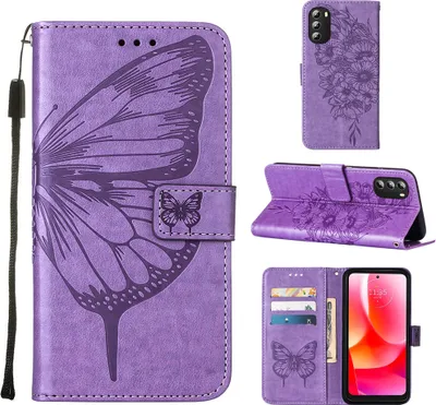 Produktbild von Moto G 5G 2022 Hülle, Schmetterling Prägung Flip Leder Kartenfächer Schutzhülle Ledertasche mit Ständer für Motorola Moto G 5G 2022 Violett