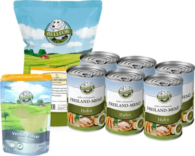 Produktbild von Magen-Darm-Bereich Unterstützung Set - Hundefutter Nass 6x400 g + Vermal Pulver 80 g + Hühnertrockenfleisch 100 g