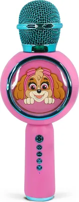 A pink karaoke microphone with a Paw Patrol Skye character on it.