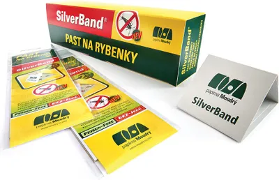 A product box and several individual packaging units of SilverBand Fischfänger are displayed on a white background.