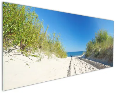 Produktbild von Wallario Küchenrückwand aus Glas, Größe: 125 x 50 cm, Motiv: Auf dem Sandweg zum Strand - Blauer Himmel über dem Meer | Spritzschutz | abwischbar | pflegeleicht | in