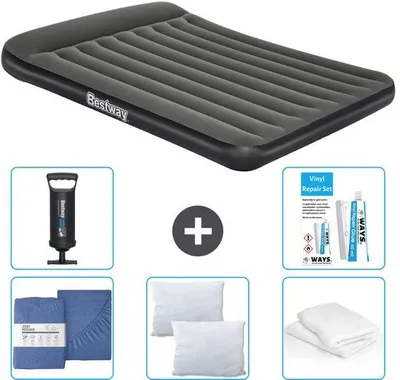 Produktbild von Zweisitziges Luftbett - 152 x 203 x 30 cm - Grün - inklusive Bettwäsche - Kopfkissen - Kopfkissenbezug - Pumpe und Reparaturset