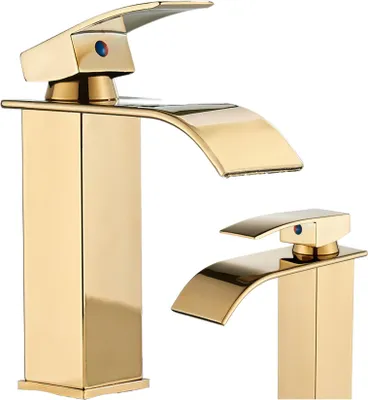 Produktbild von Waschbeck armatur, Wasserhahn Bad Waterfall, Arbeitsplatte, Golden, Hochdruck, mit Regulierung von Wasserfluss und Wassertemperatur