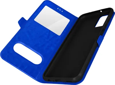 A blue flip phone case is shown open, revealing the black interior where a phone would be placed. The front cover has a clear window and an oval cutout.
