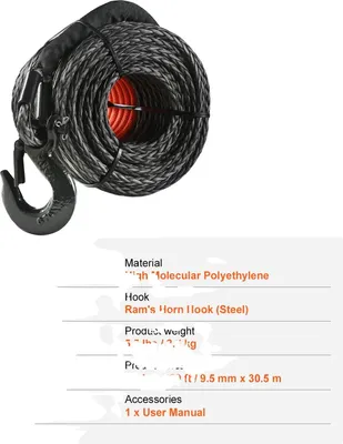 Zdjęcie produktu dla Syntetyczna lina wyciągarki, obciążenie zrywające 26500 funtów, rozmiar 3/8 cala x 100 stóp, kuty hak, 26500 funtów 100 stóp