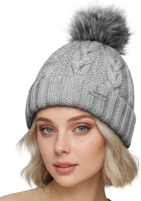 Produktbild von Damen Strickmütze Zopfstrickmuster Bommelmütze gefüttert mit Fleece Wintermütze Model 1979 Neverless®