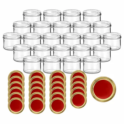Produktbild von gouveo 24er Set Einmachgläser 230 ml rund mit Schraub-Deckel rot-gold - Vorratsgläser mit Drehverschluss TO82 - Marmeladenglas, Schraubglas