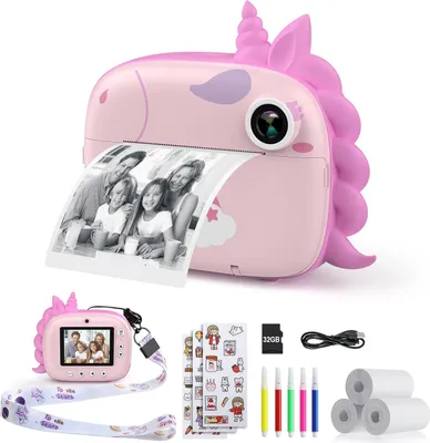 Immagine prodotto di Fotocamera digitale per bambini con carta da stampa e scheda TF da 32G, videocamera con penne colorate e accessori divertenti, regalo per bambini da 3 a 14 anni Rosa