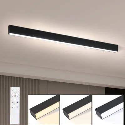 A modern black LED ceiling light fixture is shown mounted on a ceiling, with smaller inset images demonstrating different light color temperatures and a remote control.