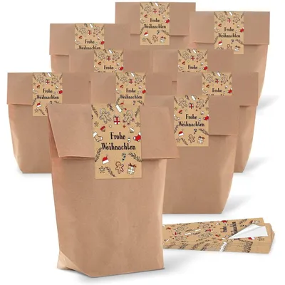 Produktbild von 25 braune natur weihnachtliche Verpackung Geschenk-Tüten Kraftpapier 14 x 22 x 5,6 cm + 25 Aufkleber FROHE WEIHNACHTEN Verpacken Weihnachtsgeschenke Geschenk-Papier Kundengeschenke natürlich"Frohe Weihnachten" Braun, Rot / 25