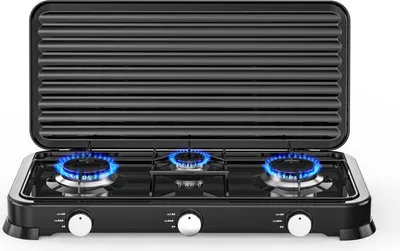 Obrázek produktu pro Trojitá plynová varná deska s poklicí Rosberg R51454D3, 2x2,2 kWh 1x1 kWh, 30 mbar, Uhlíková ocel, Černá