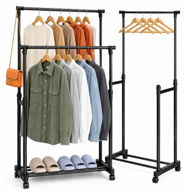Produktbild von Doppel-Kleiderständer auf Rollen - Mobile Garderobe Höhenverstellbar - Metall, Schwarz