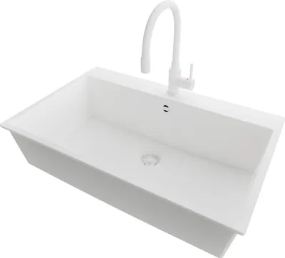 Produktbild von PRIMAGRAN Granitspüle Alles Weiß 78x50cm, Spülbecken 1 Becken + Küchenarmatur 38x14cm + Ablauf-Set, Küchenspüle ab 80er Unterschrank - Riga