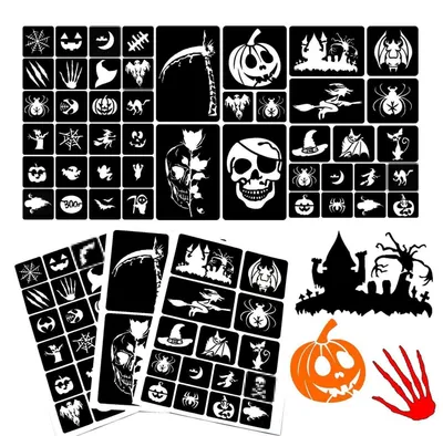 Immagine prodotto di Set di stencil per tatuaggi glitterati, 3 fogli, tatuaggi temporanei, tema Halloween, per bambini