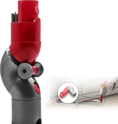 A close-up of a red and gray vacuum cleaner attachment, with a smaller inset image showing the attachment in use under a couch.