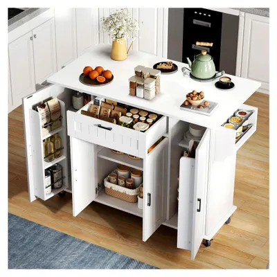 Produktbild von Kücheninsel mit klappbarer Arbeitsplatte, Küchenwagen auf Rollen, Küchenschrank mit Schublade und Gewürzregalen, Weiß