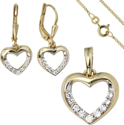 Produktbild von Schmuck-Set Herz aus 333 Gold Gelbgold Zirkonia Ohrringe Anhänger und Kette 45cm