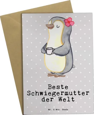 Produktbild von Mr. & Mrs. Panda babykarte Pinguin Beste Schwiegermutter der Welt - Grau Pastell - Geschenk, Schwiegereltern, Mutter, Grußkarte, weihnachtskarten, Geschenkidee, Mama