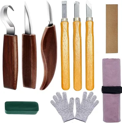 Imagen del producto de Juego de herramientas para tallado de madera, juego de 10 cuchillos para tallar, herramientas profesionales para tallado de madera, cuchillos para tallar con piedras de afilar, juego de cuchillos ideal para tallar, cinceles y herramientas para tallado