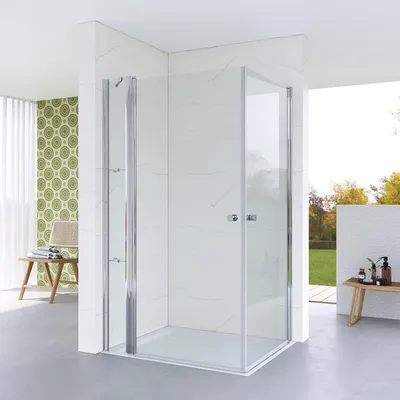 Produktbild von Duschkabine Eckeinstieg 95x100cm Eckdusche Duschwand Duschabtrennung Pendeltür Glas Duschtür mit Festteil Drehtür mit Nebenteil Einscheiben-Sicherheitsglas (ESG) 5mm Hebe Senk Funktion rahmenlos Sicherheitsglas Echtglas Klarglas mit Verstellbereich links und rechts montierbar barrierefrei mit Stabilisationsbügel und Duschablage