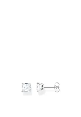 A pair of silver stud earrings with square-cut clear cubic zirconia stones, presented on a white background.